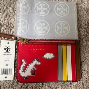 Tory Burch Red Card Case with Stripes and Pixel Art